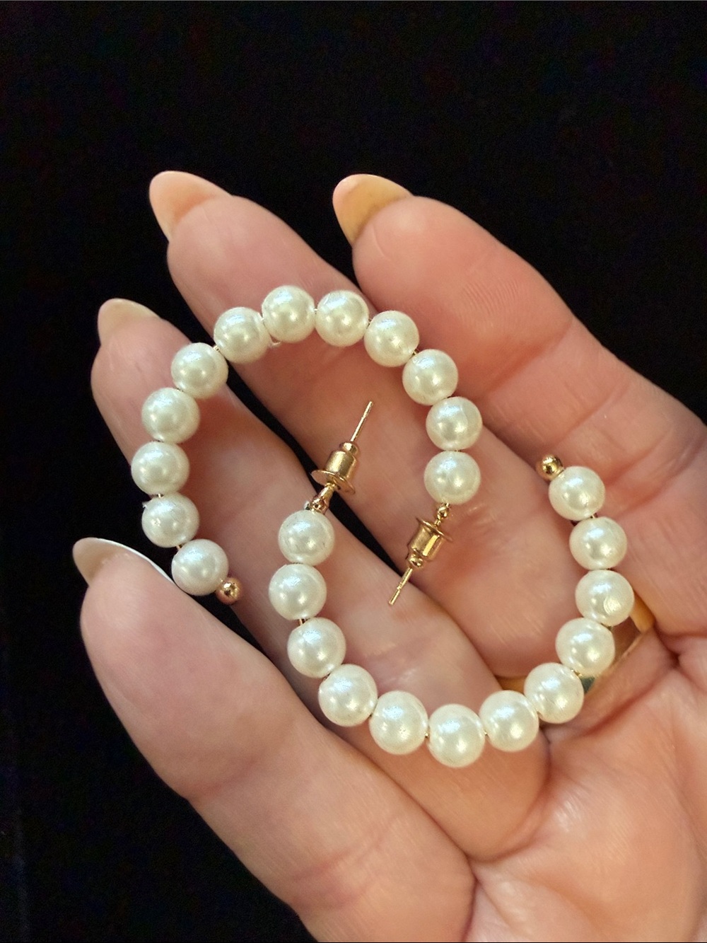 Elegant Pearl Hoop Earrings - White Pearlescent with Gold Accents